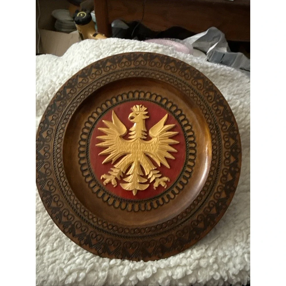 Polish Eagle Wooden Carved Plate Wall Hanging Folk Art Poland Coat of Arms 9.5
